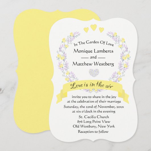 花の黄色と紫の花の結婚式の花輪 招待状 (正面/裏面)