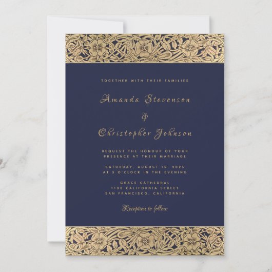 花の黄金のローズ ネイビーブルー エレガント ヴィンテージ ウェディング 招待状 (正面)