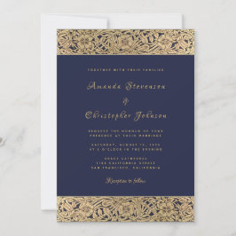 花の黄金のローズ ネイビーブルー エレガント ヴィンテージ ウェディング 招待状