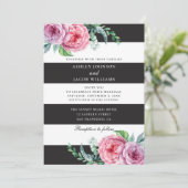 花の黒と白のストライプ。ピンクの花のウェディング 招待状 (スタンド正面)