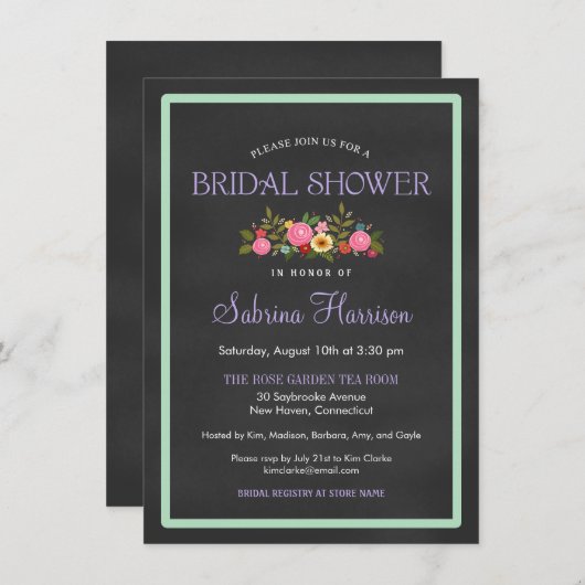 花の黒板のスタイルのブライダルシャワー招待状 招待状 (正面/裏面)