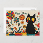 花の黒猫の誕生日おめでとう ポストカード (正面/裏面)