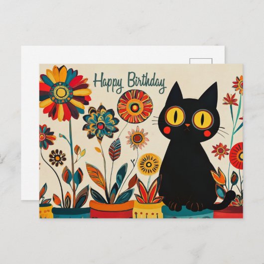 花の黒猫の誕生日 ポストカード (正面/裏面)