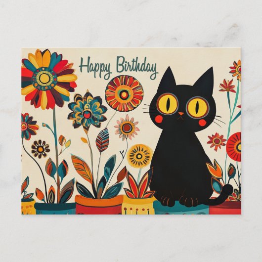 花の黒猫の誕生日 ポストカード (正面)