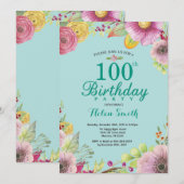 花の100歳誕生日招待状 女性 ティール 招待状 (正面/裏面)