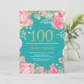 花の100歳誕生日 ゴールドグリッターとターコイズ 招待状 (スタンド正面)