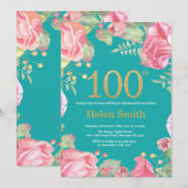 花の100歳誕生日 ゴールドグリッターとターコイズ 招待状 (正面/裏面)