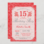 花の15歳の誕生日招待状 赤 女性用 招待状 (正面/裏面)