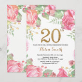 花の20歳の誕生日招待状 ゴールドグリッター 招待状 (正面/裏面)