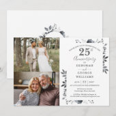 花の25周年結婚記念日 あの時と今 2枚の写真 招待状 (正面/裏面)