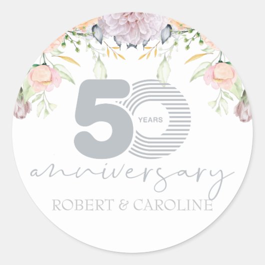 花の50周年結婚記念日パーソナライズ ラウンドシール (正面)