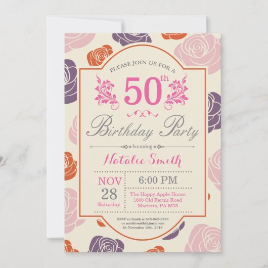 花の50歳の誕生日招待状 ピンクのバラ 招待状 (正面)