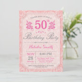 花の50歳誕生日招待状 ピンク 女性用 招待状 (スタンド正面)