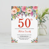 花の50歳誕生日招待状 赤 招待状 (スタンド正面)