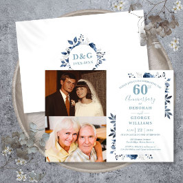 花の60周年結婚記念日　Then & Now 2枚の写真 招待状