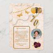 花の70歳誕生日＆ゴールドホイル風船＆メッセージ 招待状 (正面/裏面)