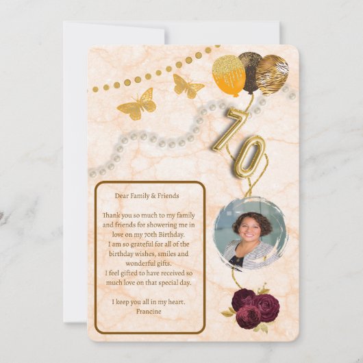花の70歳誕生日＆ゴールドホイル風船＆メッセージ 招待状 (正面)