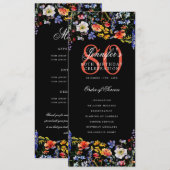 花の80歳の誕生日プログラムメニュー感謝ブラック 招待状 (正面/裏面)