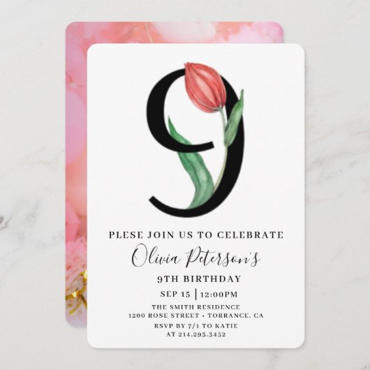 花の9歳誕生日カスタム写真招待状 招待状 (正面/裏面)