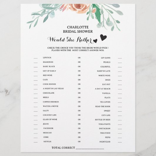 花の「彼女ならどちらを選ぶ？」 ブライダルシャワーゲーム チラシ (正面)