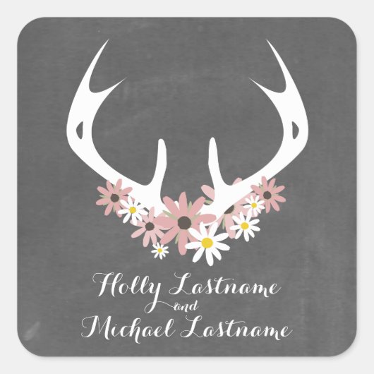 花の(雄ジカの)枝角 + 黒板の刺激を受けたな結婚式 スクエアシール (正面)
