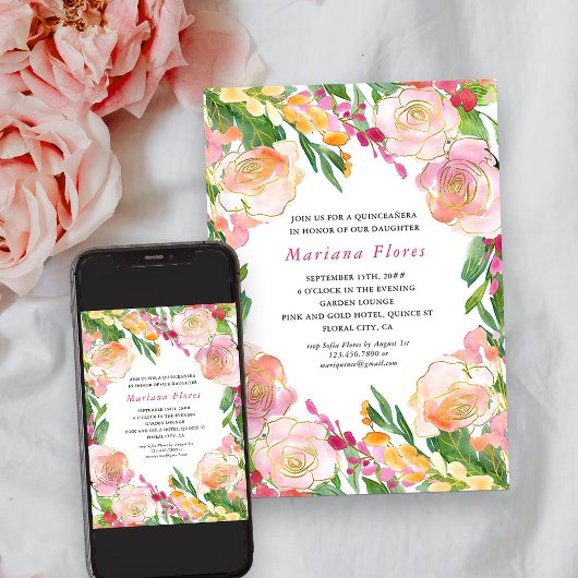 花の chic フレーム ピンクとゴールドのキンセアニエラ 招待状