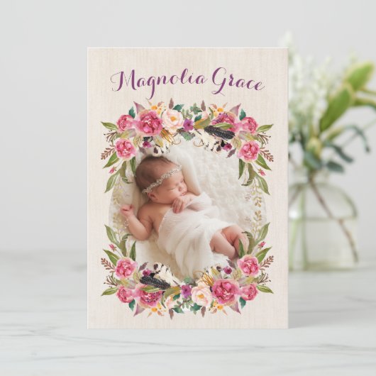 花のBohoの女の赤ちゃんの誕生の発表カード 案内状 (スタンド正面)