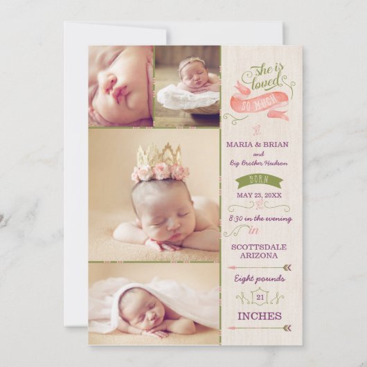 花のBohoの女の赤ちゃんの誕生の発表カード 案内状 (裏面)