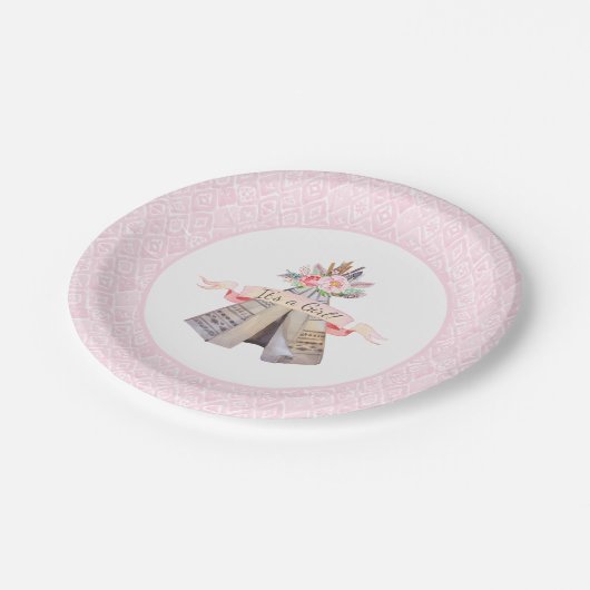 花のBohoの種族のテント小屋の女の子のベビーシャワー ペーパープレート (アングル)