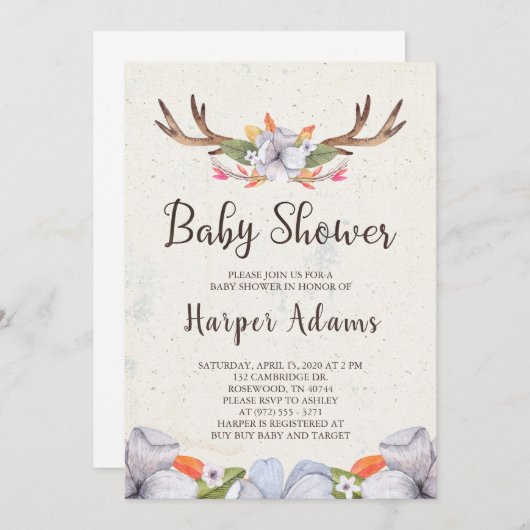 花のBohoの(雄ジカの)枝角のベビーシャワー 招待状 (正面/裏面)