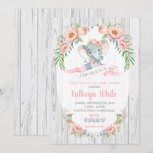 花のBoho象のベビーシャワーの招待状の女の子