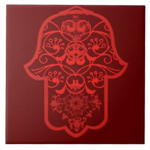 花のHamsa (赤い) タイル