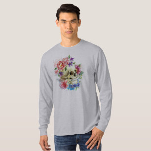 花のSkull Dia de los Muertos  の袖のワイシャツ Tシャツ