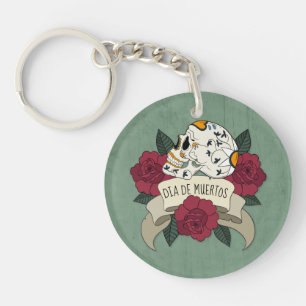 花のSkull Dia de los Muertos   Keychain キーホルダー