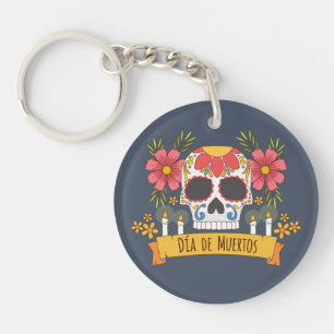 花のSkull Dia de los Muertos   Keychain キーホルダー