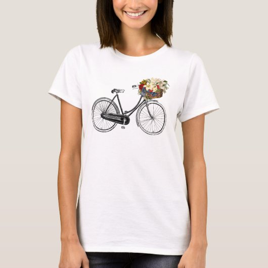 花のTシャツを運ぶレトロの自転車のバイク Tシャツ (正面)