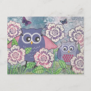 花はがきにフクロウ ポストカード