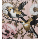 花はっきりした鳥ピンク金ゴールドモダン シャワーカーテン (正面)