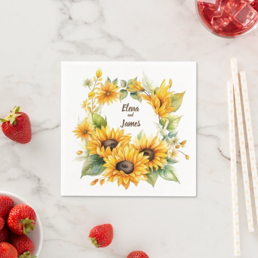 花ひまわりパーソナライズされた結婚のナプキン スタンダードカクテルナプキン (インサイチュ)