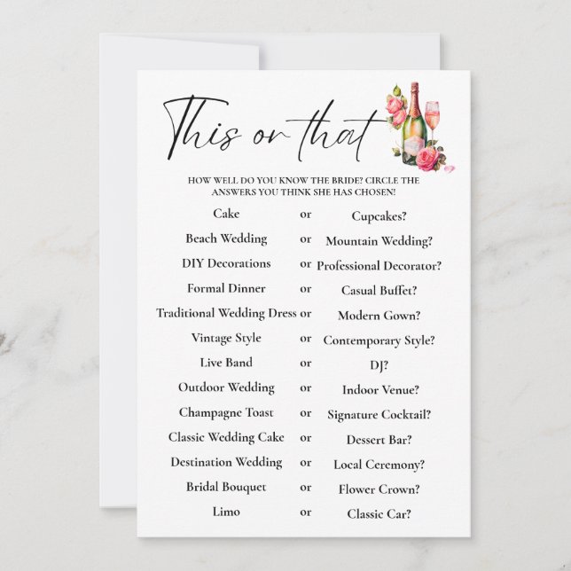 花びらこれまたはそのブライダルシャワーゲームカード (正面)