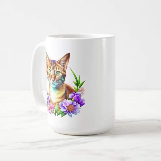 花びらとプリンかわいい猫とかわいらし花 コーヒーマグカップ (正面左)