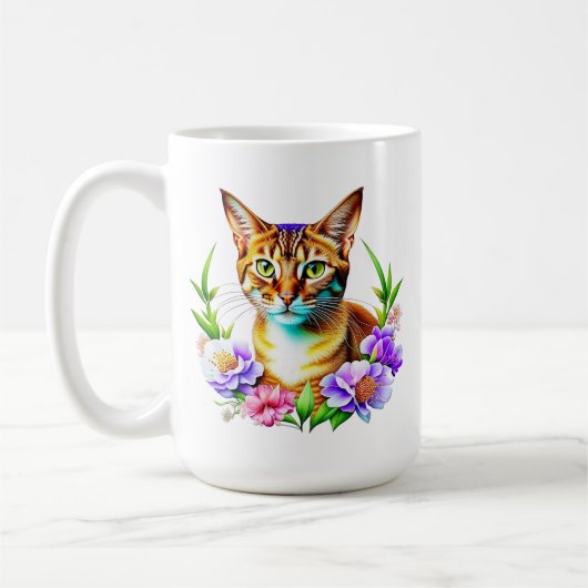 花びらとプリンかわいい猫とかわいらし花 コーヒーマグカップ (左)