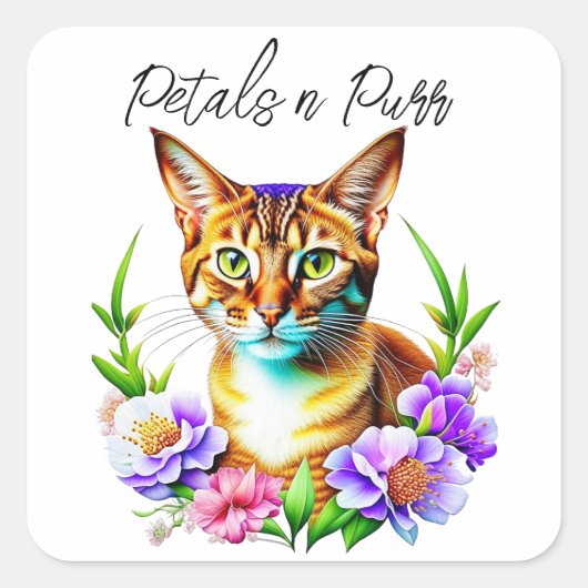 花びらとプリンかわいい猫とかわいらし花 スクエアシール (正面)