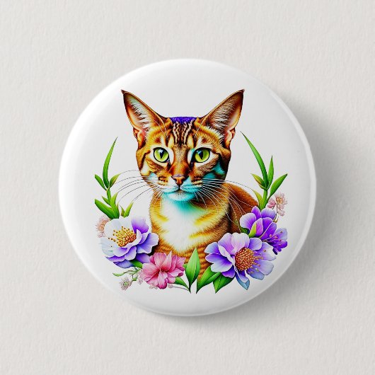 花びらとプリンかわいい猫とかわいらし花 缶バッジ (正面)