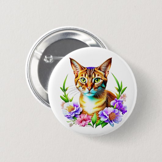 花びらとプリンかわいい猫とかわいらし花 缶バッジ (正面&裏面)
