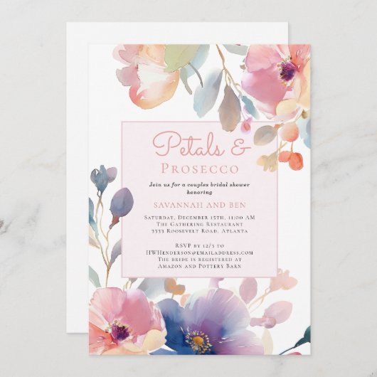 花びらとプロセッコカップルフローラブライダルシャワー 招待状 (正面/裏面)