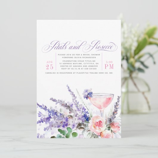 花びらとプロセッコパープルフローラブライダルシャワー 招待状 (スタンド正面)