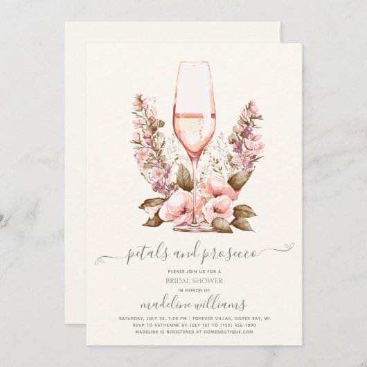花びらとプロセッコフローラブライダルシャワー 招待状 (正面/裏面)