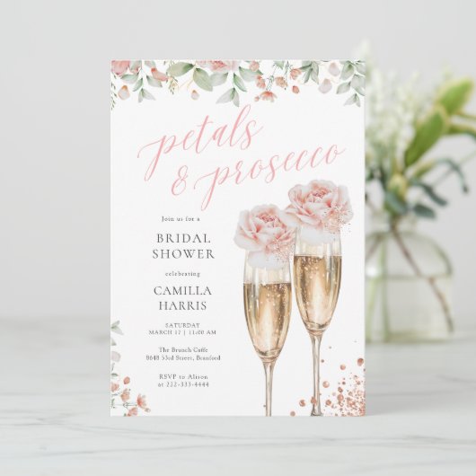 花びらとプロセッコフローラ赤面ブライダルシャワー 招待状 (スタンド正面)