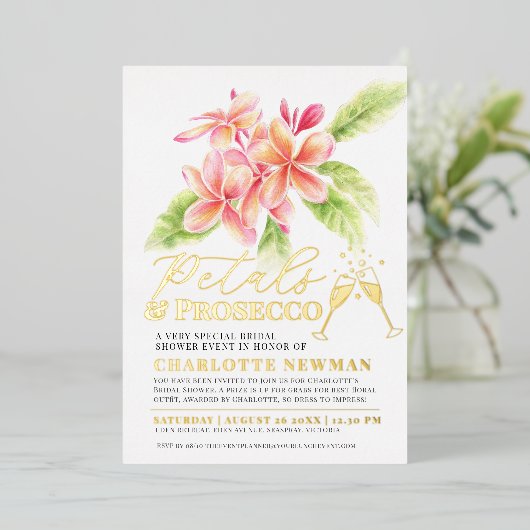 花びらとプロセッコブライダルシャワーフランギパニアート 箔招待状 (立ち正面)